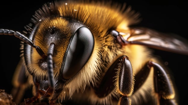 Honey bee macro shot, close-up, dark background. Agricultural farming insect. AI generated. photo