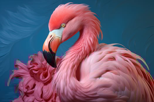 closeup of standing pink flamingo on blue background photo