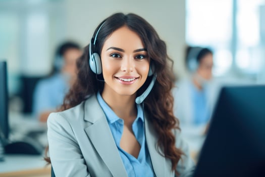 a woman with a call center headset smiling .Generative AI photo