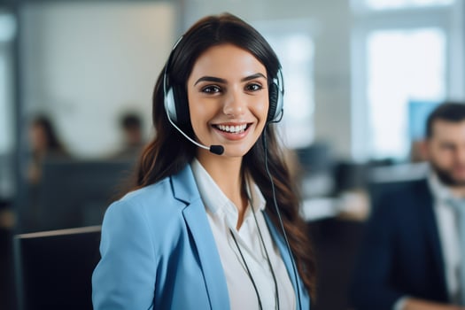 a woman with a call center headset smiling .Generative AI photo