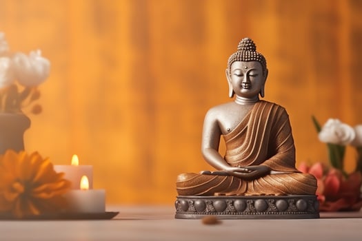A buddha sits in in vesak buddha purnima day with copy space. Background for vesak festival day concept. Vesak celebration day greetings concept by AI Generated photo