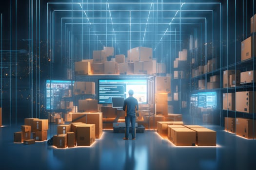 A large clean warehouse with shelves, cardboard boxes and products. Generative AI photo