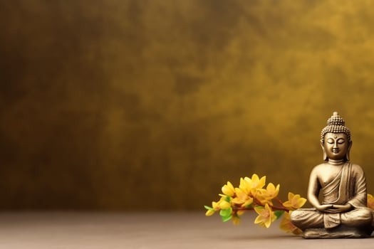 A buddha sits in in vesak buddha purnima day with copy space. Background for vesak festival day concept. Vesak celebration day greetings concept by AI Generated photo