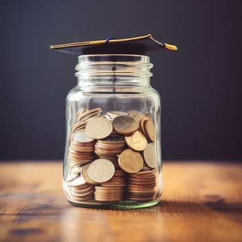 A glass bottle with stack of coins money and a graduation hat on top. Saving money and educational success concept by AI Generated photo