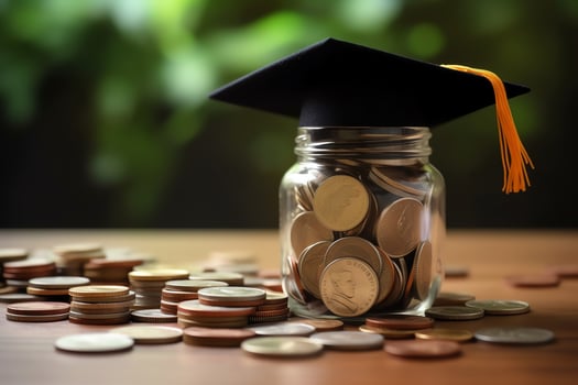 A glass bottle with stack of coins money and a graduation hat on top. Saving money and educational success concept by AI Generated photo