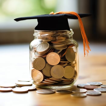 A glass bottle with stack of coins money and a graduation hat on top. Saving money and educational success concept by AI Generated photo