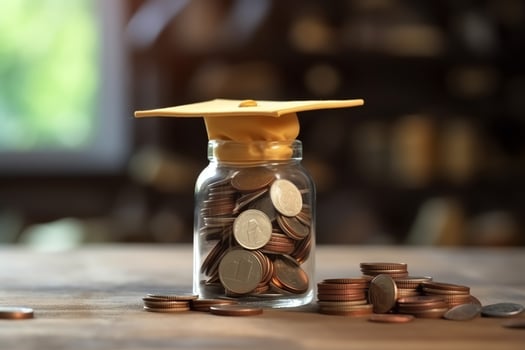 A glass bottle with stack of coins money and a graduation hat on top. Saving money and educational success concept by AI Generated photo