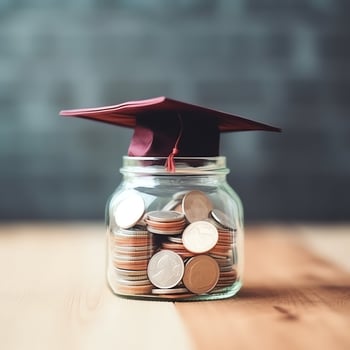 A glass bottle with stack of coins money and a graduation hat on top. Saving money and educational success concept by AI Generated photo