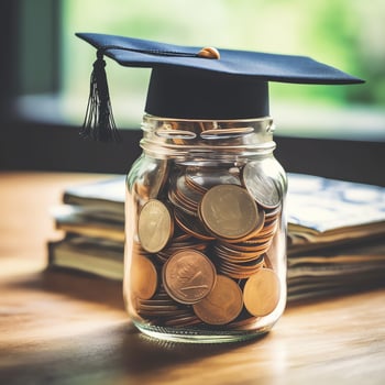 A glass bottle with stack of coins money and a graduation hat on top. Saving money and educational success concept by AI Generated photo