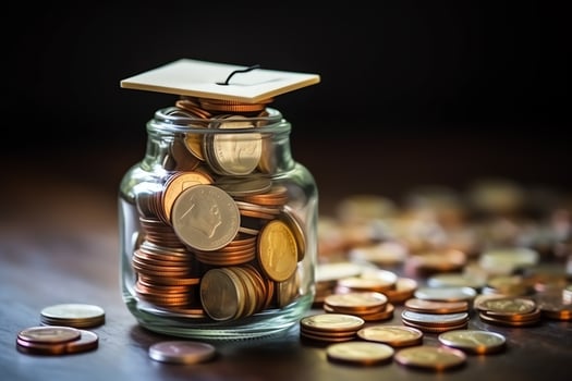 A glass bottle with stack of coins money and a graduation hat on top. Saving money and educational success concept by AI Generated photo