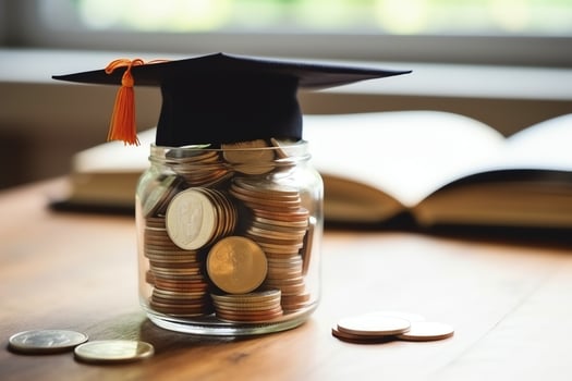 A glass bottle with stack of coins money and a graduation hat on top. Saving money and educational success concept by AI Generated photo