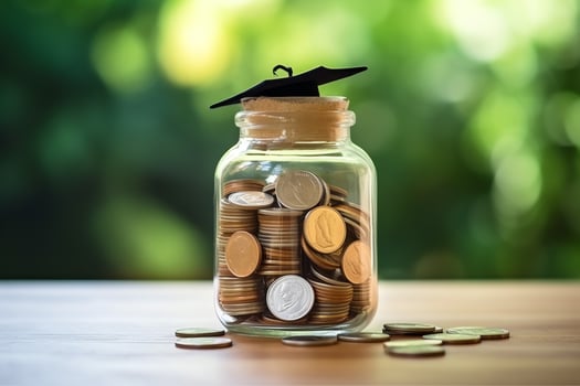 A glass bottle with stack of coins money and a graduation hat on top. Saving money and educational success concept by AI Generated photo