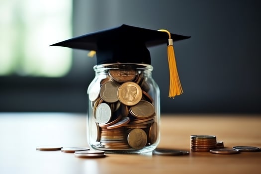 A glass bottle with stack of coins money and a graduation hat on top. Saving money and educational success concept by AI Generated photo