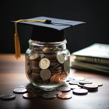 A glass bottle with stack of coins money and a graduation hat on top. Saving money and educational success concept by AI Generated photo