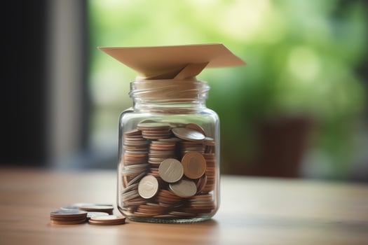 A glass bottle with stack of coins money and a graduation hat on top. Saving money and educational success concept by AI Generated photo