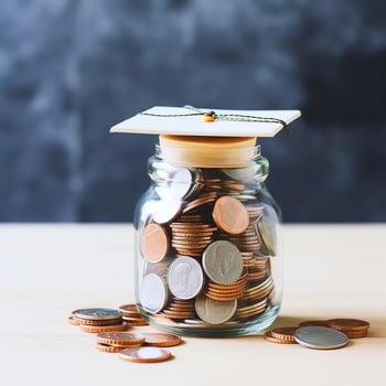 A glass bottle with stack of coins money and a graduation hat on top. Saving money and educational success concept by AI Generated photo