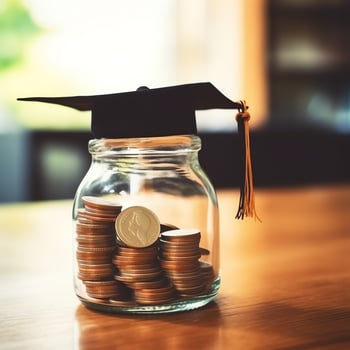 A glass bottle with stack of coins money and a graduation hat on top. Saving money and educational success concept by AI Generated photo