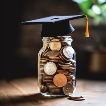 A glass bottle with stack of coins money and a graduation hat on top. Saving money and educational success concept by AI Generated photo