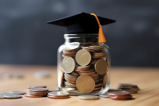 A glass bottle with stack of coins money and a graduation hat on top. Saving money and educational success concept by AI Generated photo