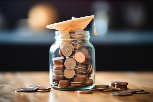 A glass bottle with stack of coins money and a graduation hat on top. Saving money and educational success concept by AI Generated photo
