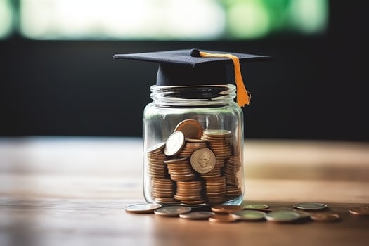 A glass bottle with stack of coins money and a graduation hat on top. Saving money and educational success concept by AI Generated photo