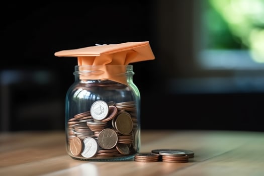 A glass bottle with stack of coins money and a graduation hat on top. Saving money and educational success concept by AI Generated photo