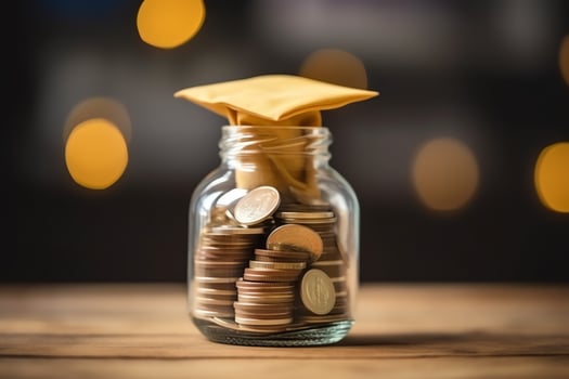 A glass bottle with stack of coins money and a graduation hat on top. Saving money and educational success concept by AI Generated photo