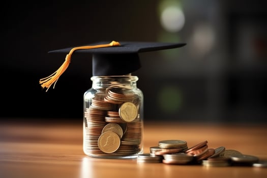 A glass bottle with stack of coins money and a graduation hat on top. Saving money and educational success concept by AI Generated photo