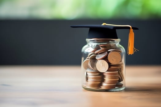 A glass bottle with stack of coins money and a graduation hat on top. Saving money and educational success concept by AI Generated photo