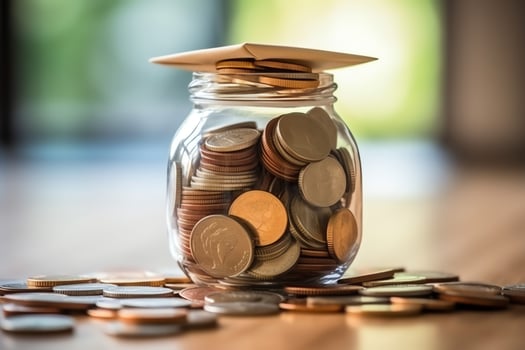 A glass bottle with stack of coins money and a graduation hat on top. Saving money and educational success concept by AI Generated photo