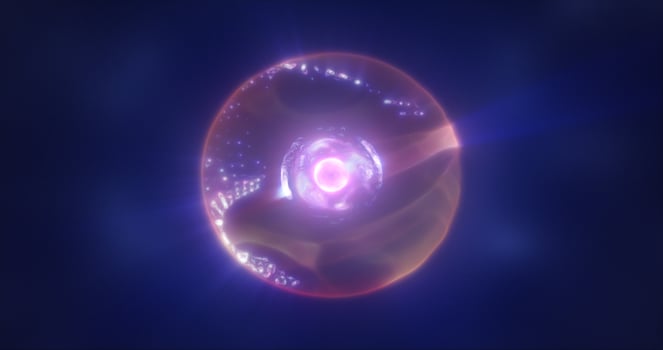 Abstract purple energy sphere with flying glowing bright particles, science futuristic atom with electrons hi-tech background photo