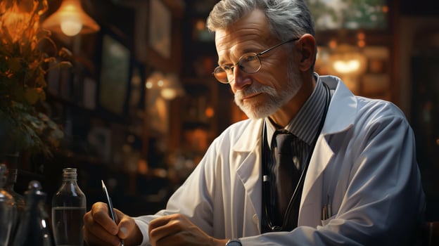 Old male doctor in a white coat in a hospital, medicine and healthcare concept photo
