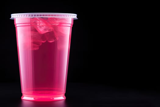Pink drink in plastic cup isolated on black background. Take away drinks concept with copy space. ai generated photo