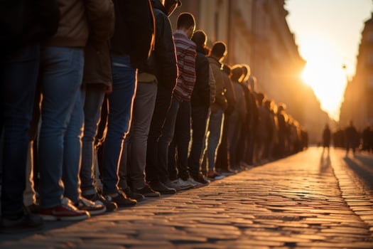 Large group of people waiting in line . Generative AI photo