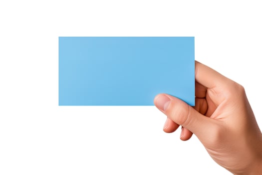 A human hand holding a blank sheet of blue paper or card isolated on white background. ai generated photo