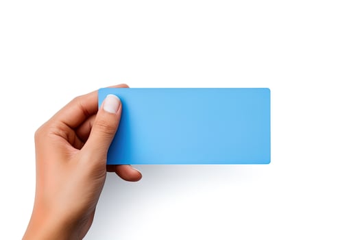 A human hand holding a blank sheet of blue paper or card isolated on white background. ai generated photo