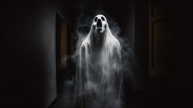 Halloween ghost in spooky empty house, dark mysterious background. AI generated. photo
