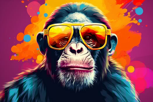 Primate Fashion - Chimpanzee with Sunglasses and Colorful Studio Vibes. Generative by Ai photo