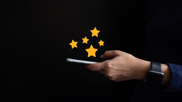 Businesswoman rate satisfaction 5 stars, Excellent quality assurance, certification the best service, guarantee standard company service. ISO certification, satisfaction of customer photo