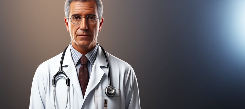 A male doctor in a white medical coat and a stethoscope. copy space. Generative AI photo