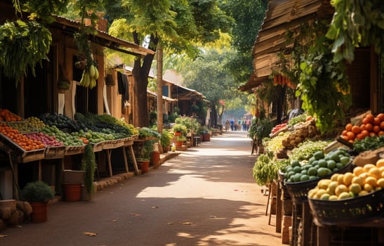 The street of organic food markets. Marketplace stalls selling fruits and vegetables. AI Generative photo