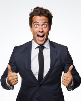 Ai generative photo business concept portrait of excited man dressed in formal wear giving thumbs up