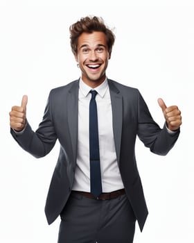 Ai generative photo business concept portrait of excited man dressed in formal wear giving thumbs up