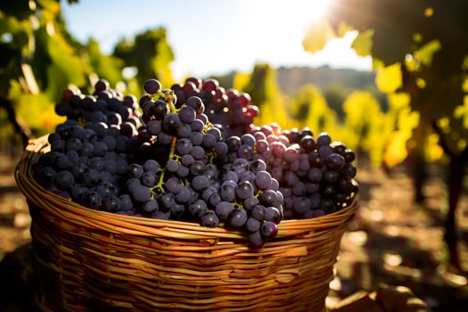 A basket filled with freshly harvested grapes capturing the essence of a bountiful wine season photo