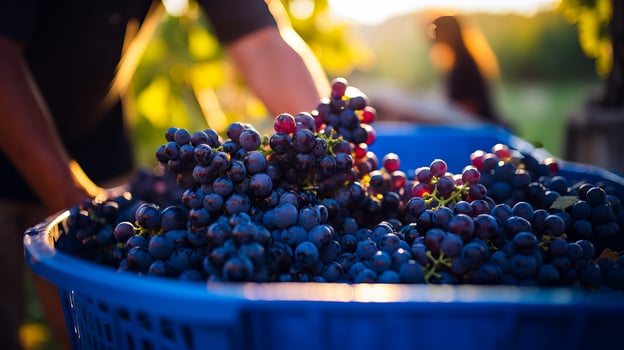 A close-up shot of hands carefully sorting freshly harvested grapes capturing the essence of meticulousness in winemaking photo