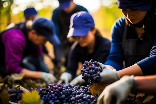 A group of winemakers and workers expertly pick grapes their hands stained purple from their fruitful labor photo