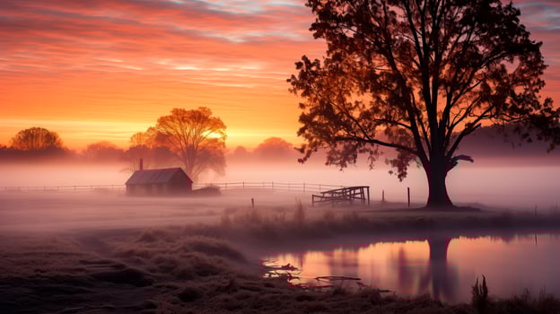 A serene countryside scene greets the dawn as fog envelops a picturesque November landscape whispering secrets of natures tranquility photo