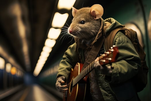 Abstract fantasy image of a mouse guitarist in a green jacket in an underpass playing music on bokeh background photo