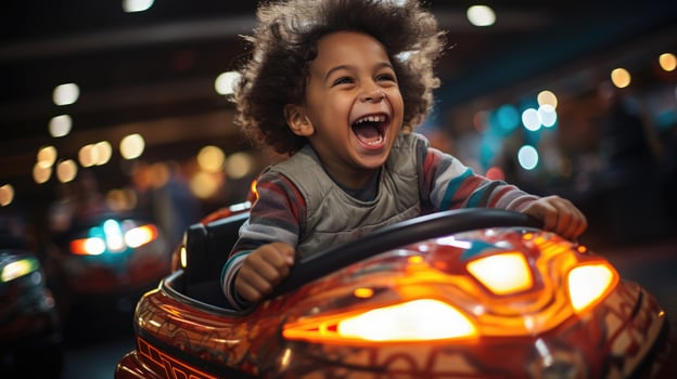 The joy of a young boy getting into a bumper car. Generative AI photo