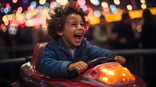 The joy of a young boy getting into a bumper car. Generative AI photo